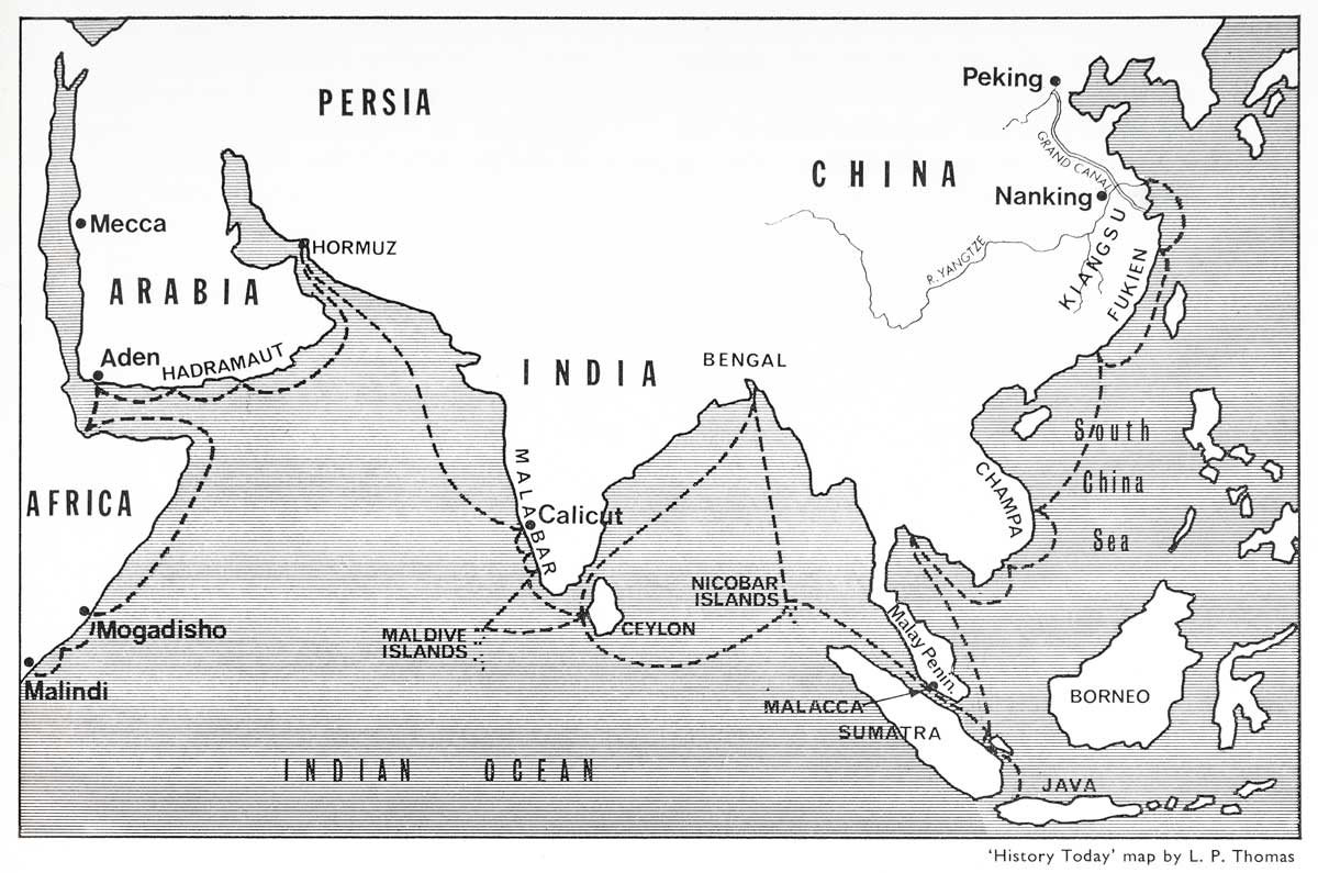 Cheng Ho’s voyages in the Indian Ocean. History Today map by L. P. Thomas.