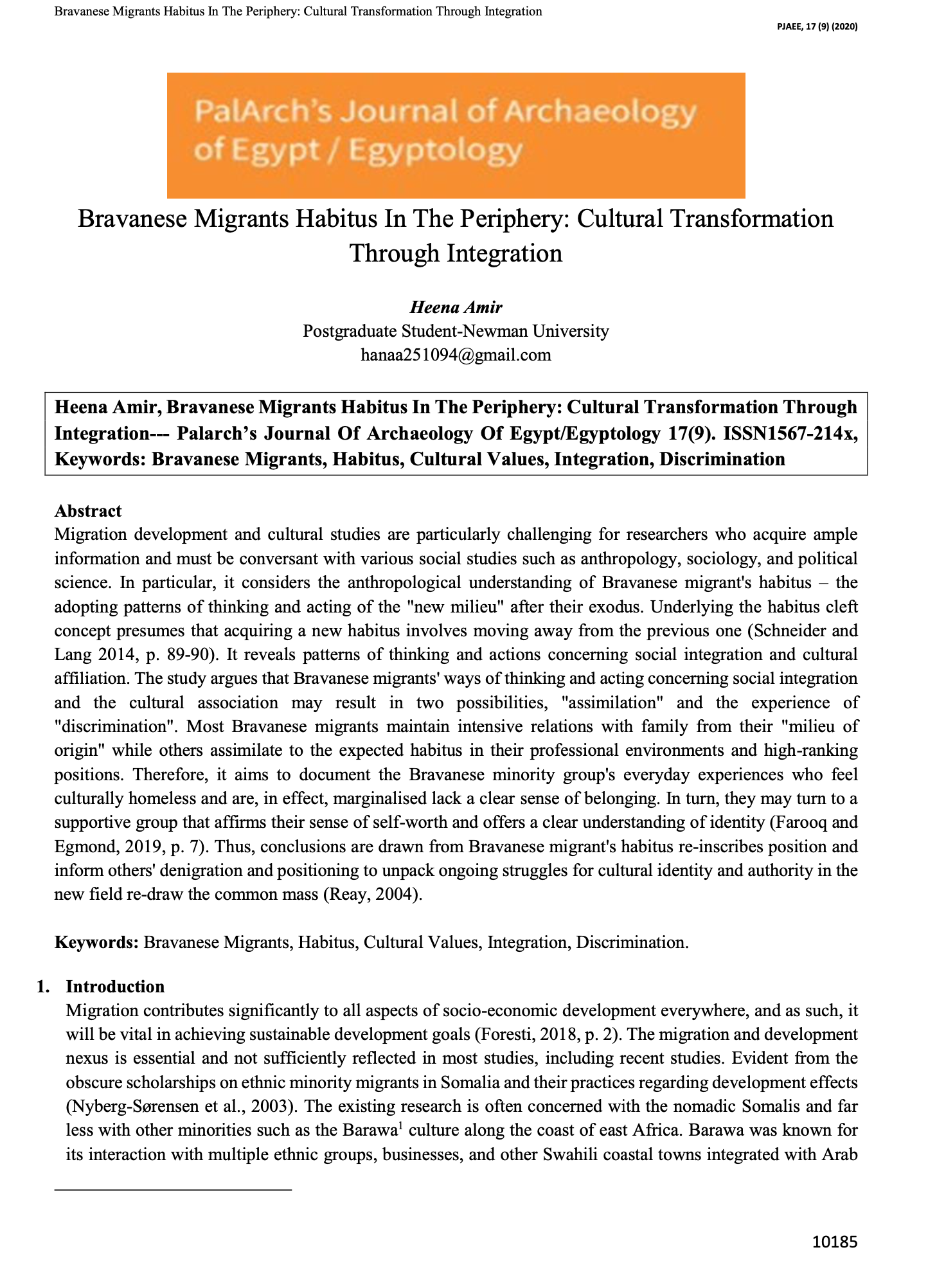 Bravanese Migrants Habitus In the Periphery: Cultural Tranformation through Integration