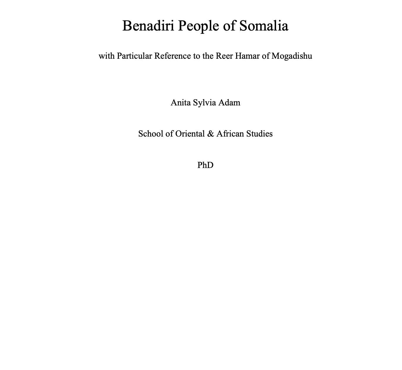 Banadiri People of Somalia with Particular Reference to the Reer Hamar of Mogadishu